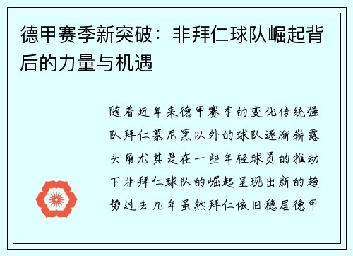德甲赛季新突破：非拜仁球队崛起背后的力量与机遇