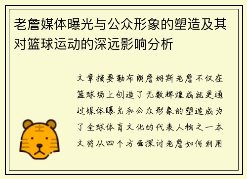老詹媒体曝光与公众形象的塑造及其对篮球运动的深远影响分析