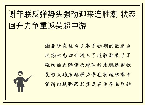 谢菲联反弹势头强劲迎来连胜潮 状态回升力争重返英超中游